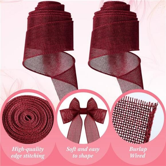 Burgundy Burlap Wired Ribbon 2 5 Inch x 10 Yards Roll for Wreaths Bows Crafts - Picture 4 of 8
